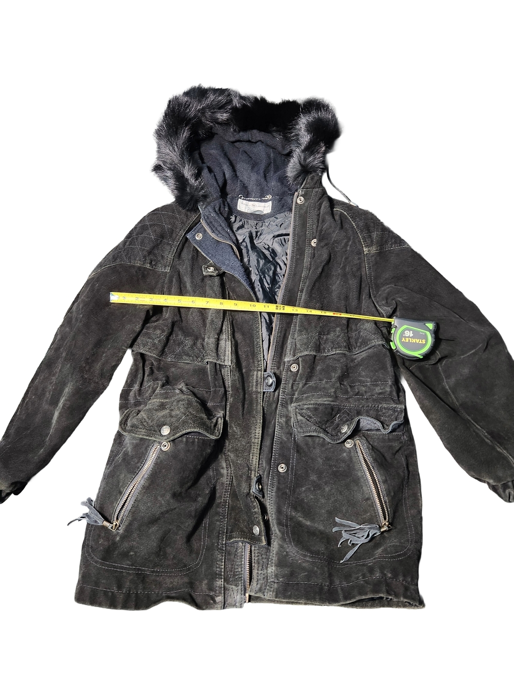 Men's Black Suede Hooded Bomber Jacket with Faux-Fur Trim